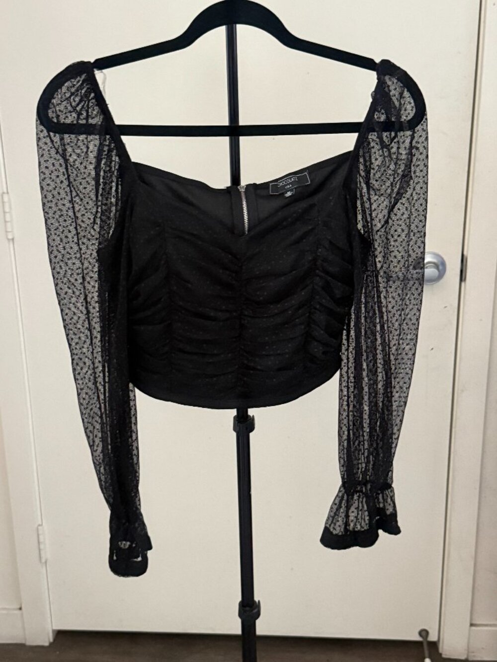Chocolate USA Black Ruched Swiss Dot Mesh Long Sleeve Crop Top Size M